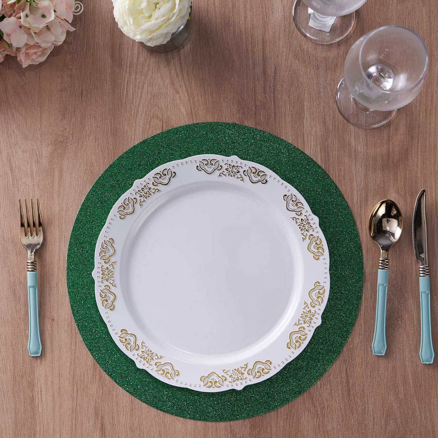 6-Pack Placemats Glitter Design Green Sparkle Round - Non-Slip Decorative Dining Table Mats 13"