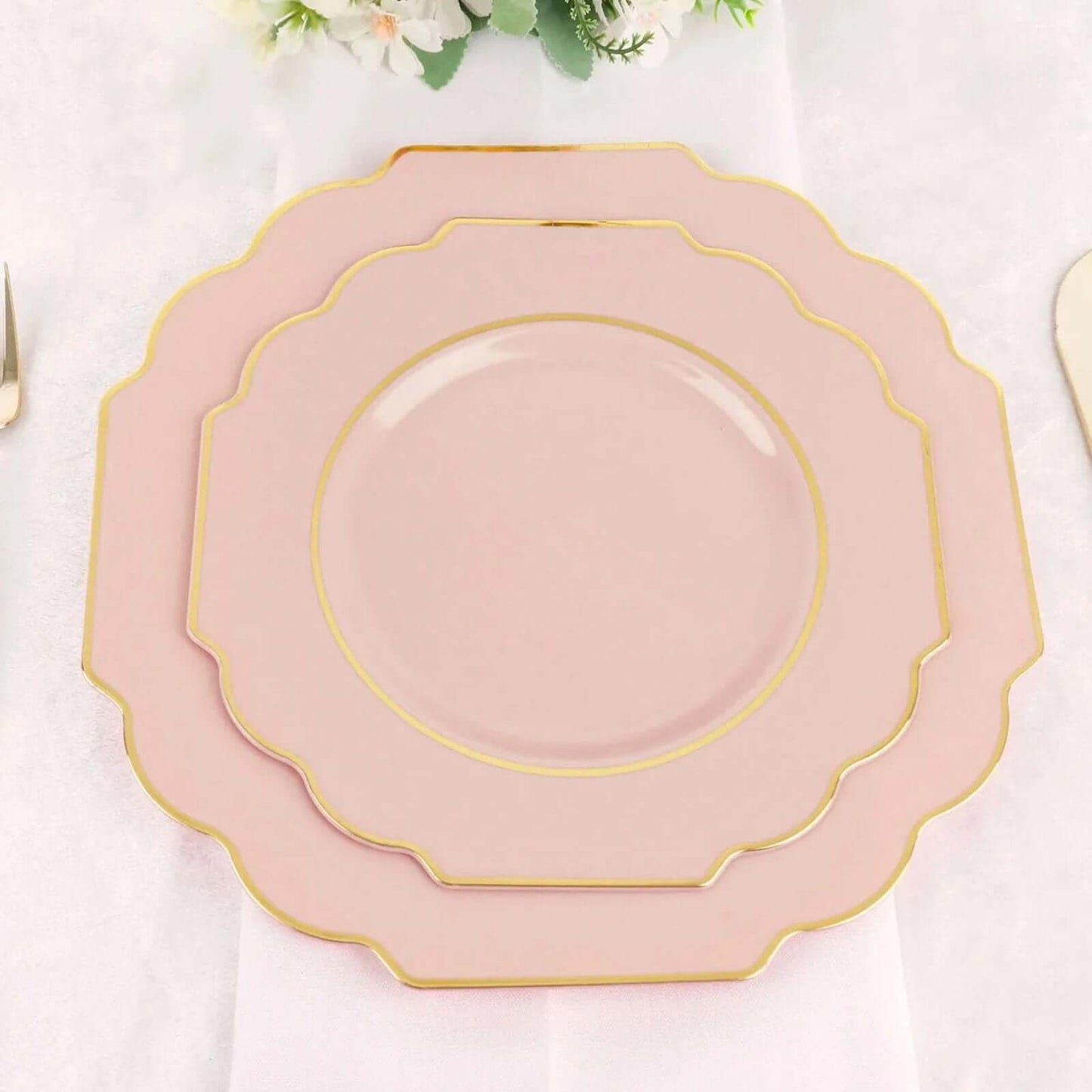 10-Pack Plastic Dessert Appetizer Plates in Blush Baroque Design with Scalloped Gold Rim - Heavy Duty Disposable Salad Plates 8"