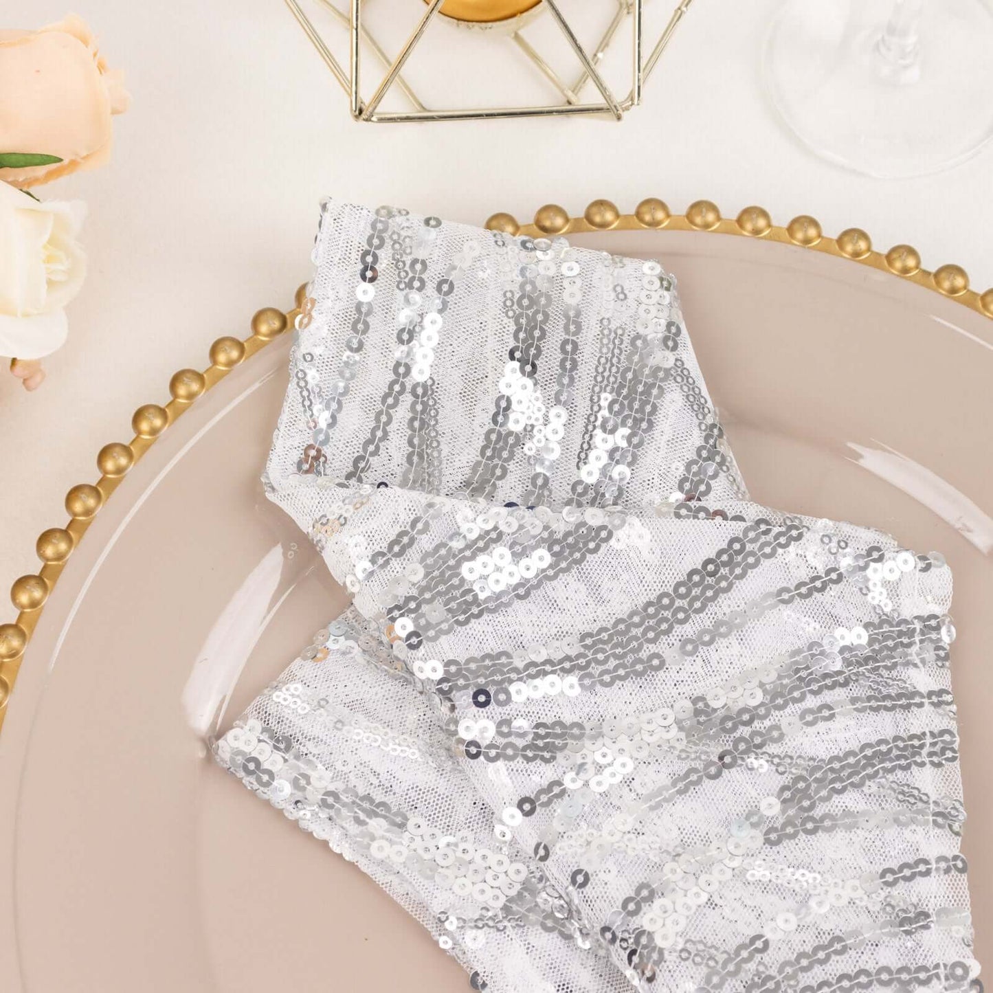 Sequin Mesh 20"x20" Napkin SIlver - Wave Embroidered Reusable Napkin