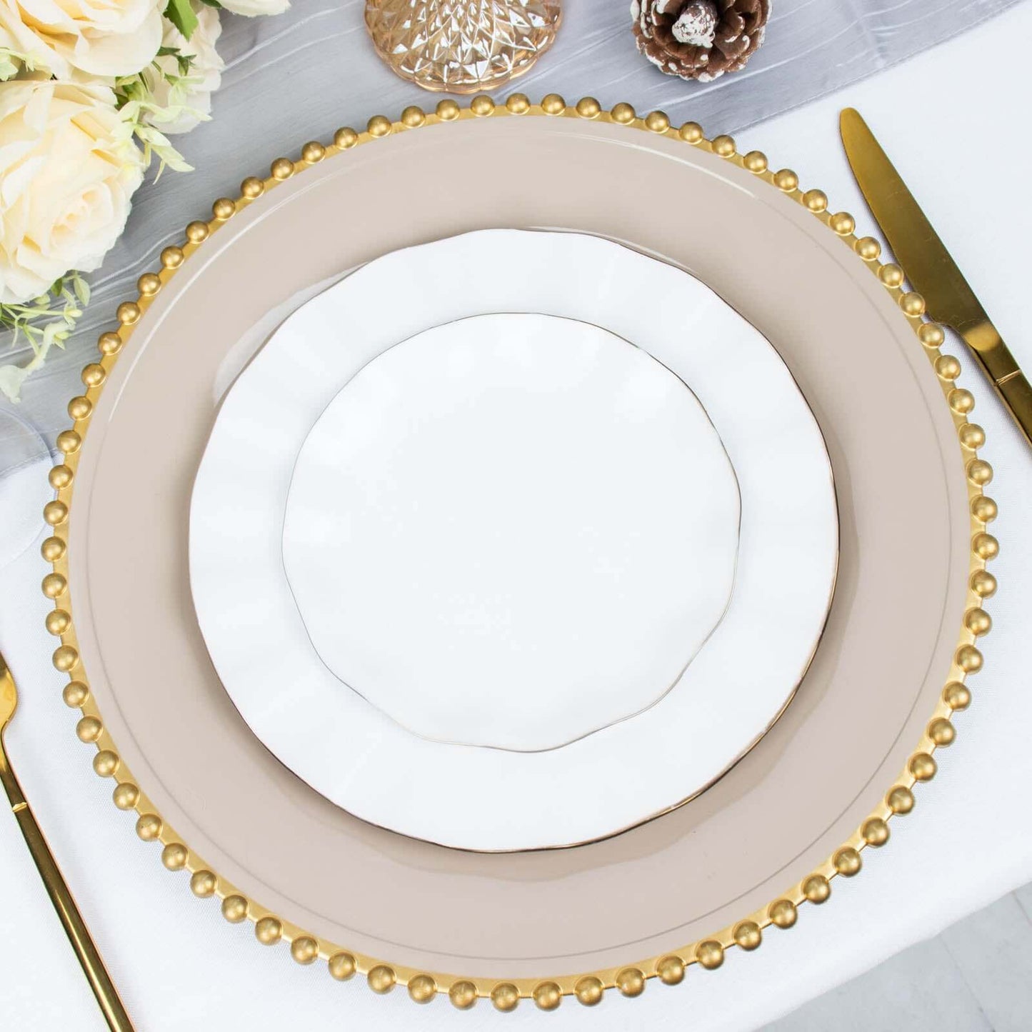 6-Pack Acrylic Round Charger Plates 13" in Taupe with Gold Beaded Rim, Decorative Dinner Party Charger Tableware
