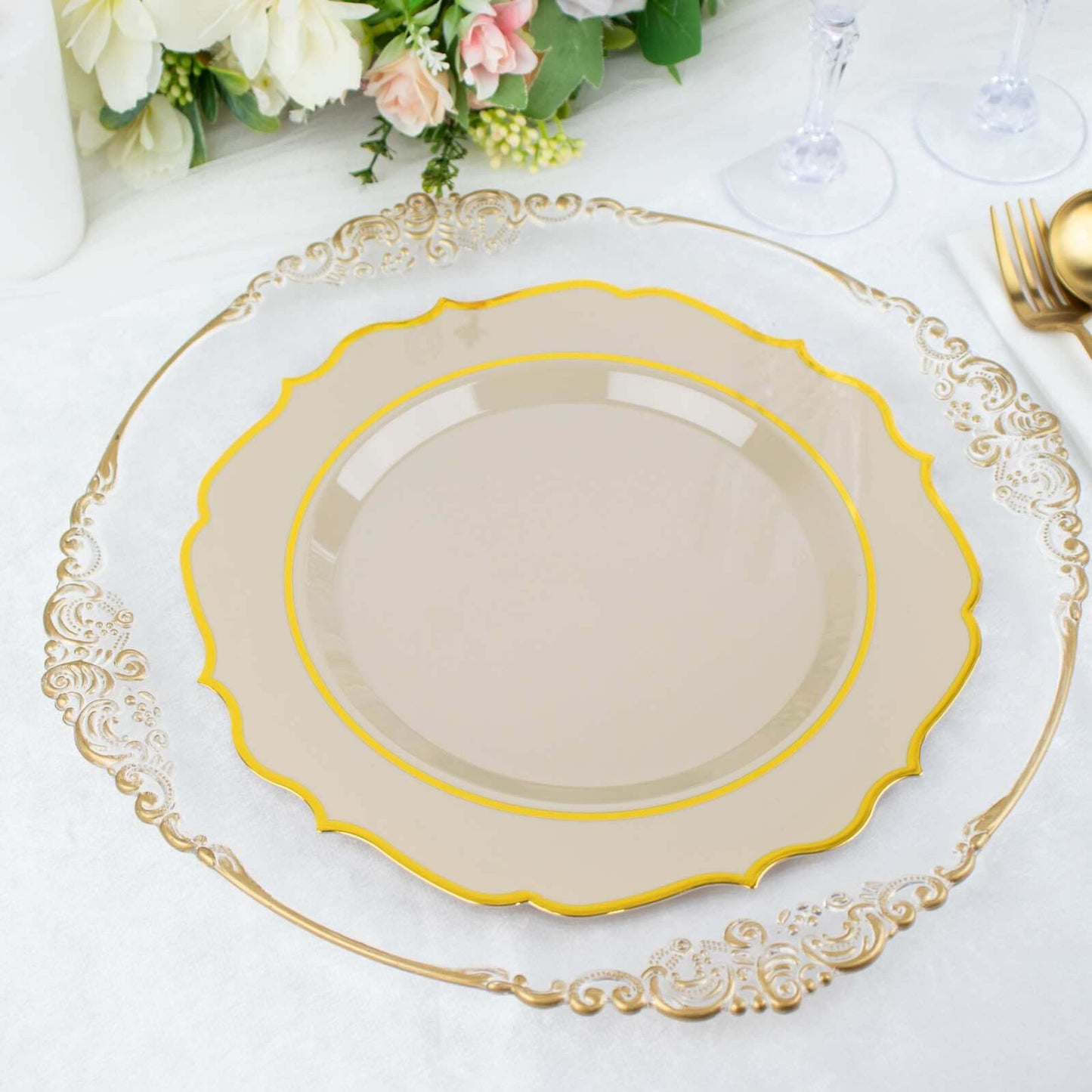 10-Pack Plastic 10" Round Dinner Plates in Taupe with Gold Scalloped Rim - Disposable Party Plates