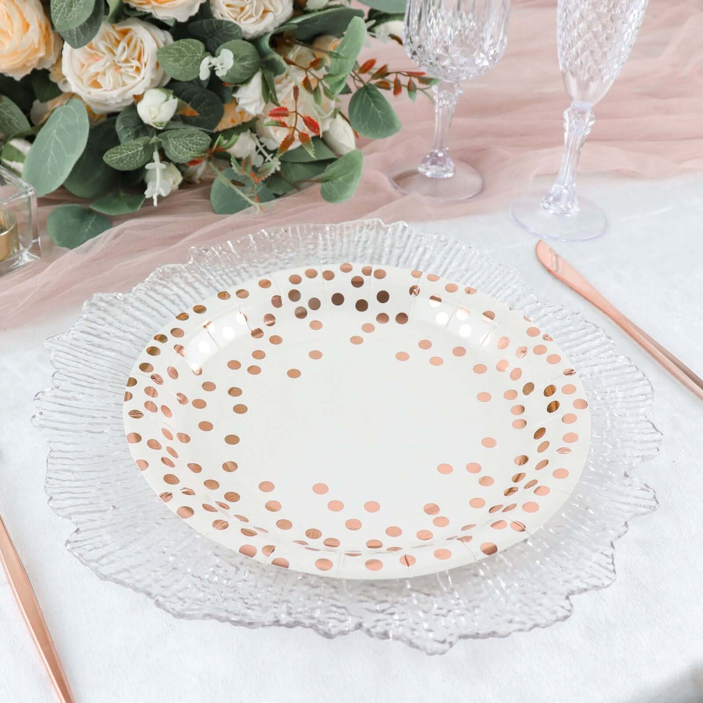 25-Pack Paper Round Dinner Plates 9" White with Metallic Rose Gold Polka Dots - Disposable 300GSM Party Plates for Banquets & Celebrations