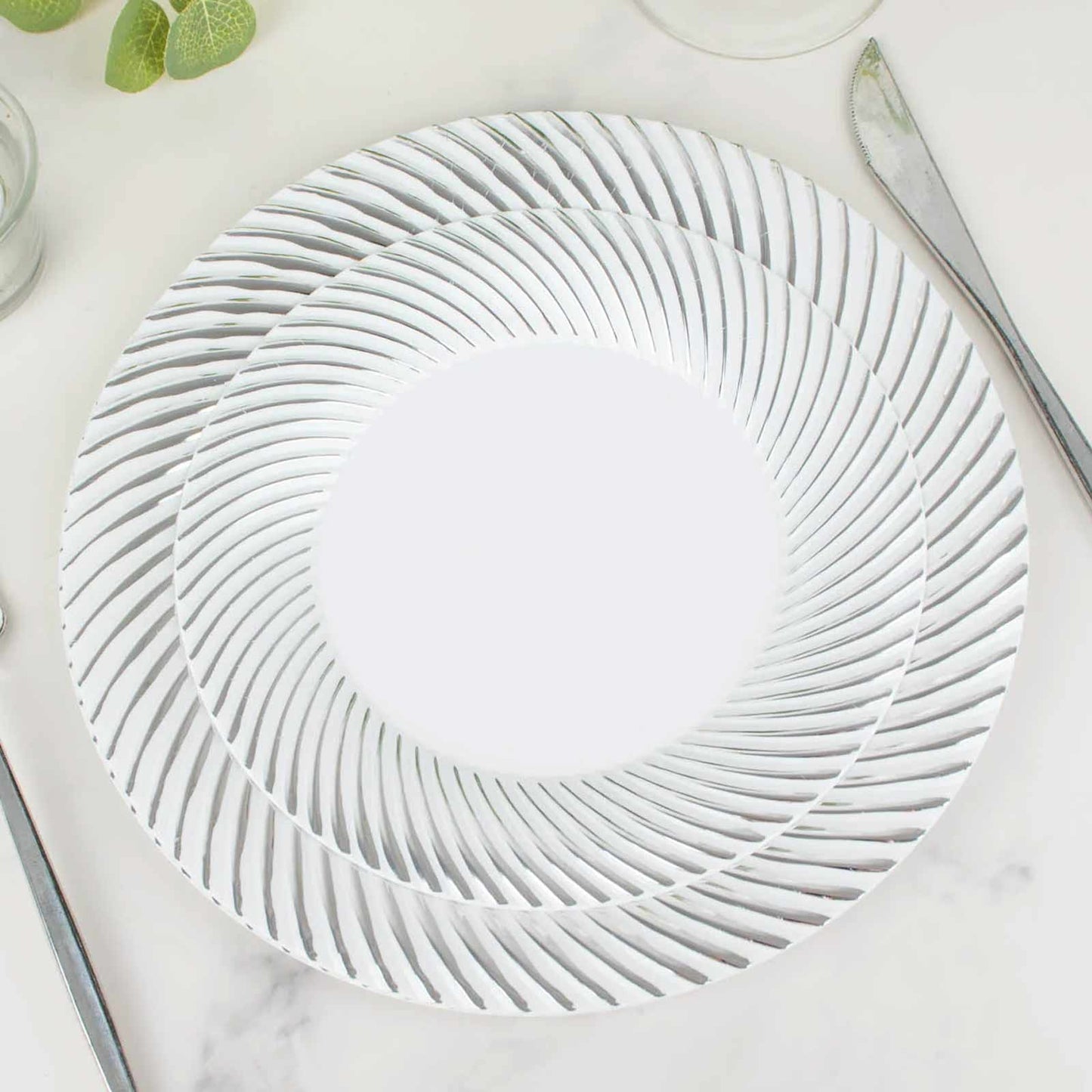 10-Pack Plastic 7" Round Dessert Plates in White with Silver Swirl Rim - Disposable Salad Plates
