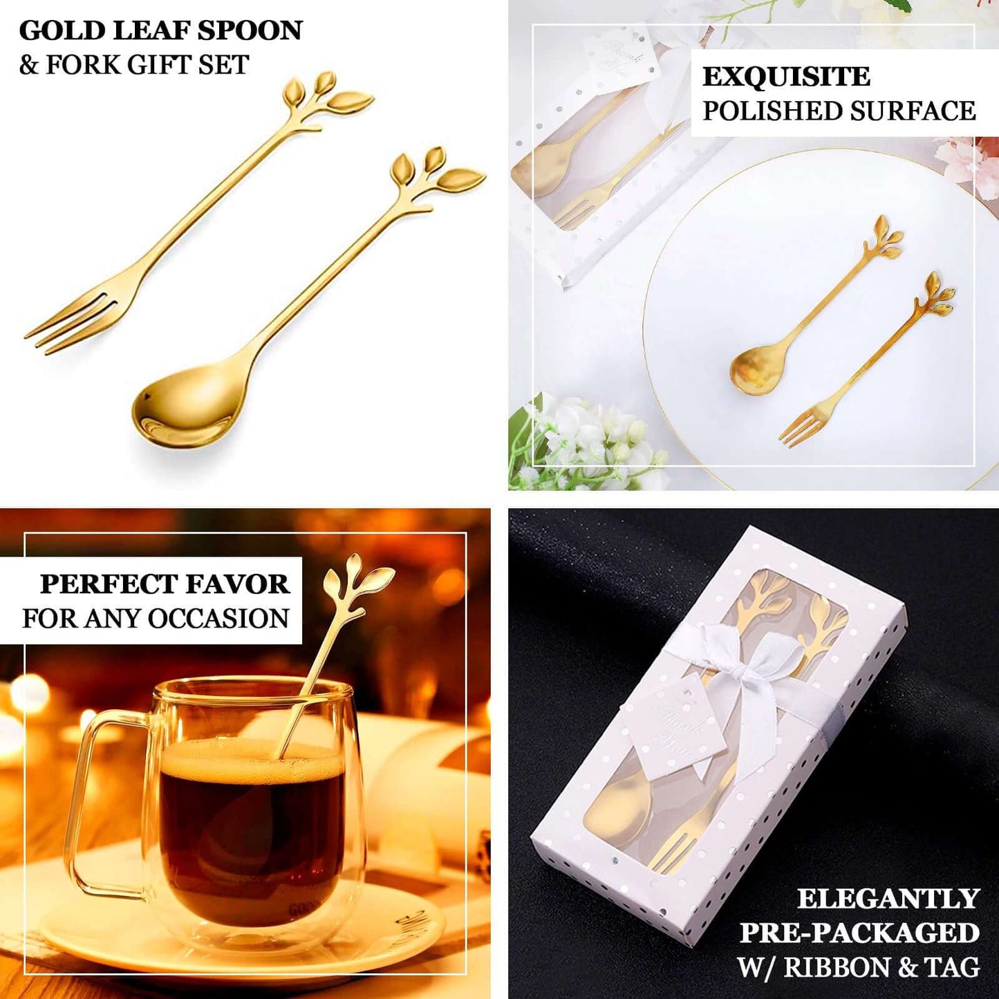 Gold Metal Spoon & Fork Pre-Packed Wedding Party Favors Set With Leaf Shaped Handle, Bridal Shower Souvenir Gift Box - 5"