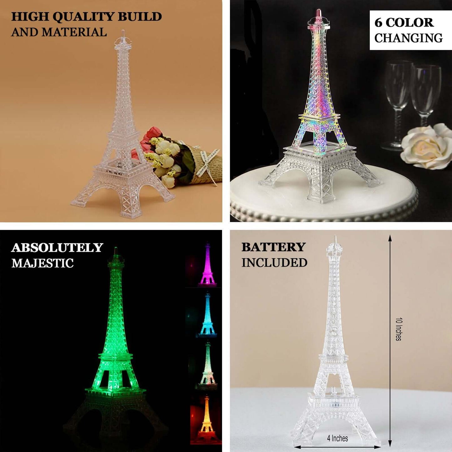LED Centerpiece Eiffel Tower Design Color Changing - Light Up Night Party Decor 10" - Linen Luxes