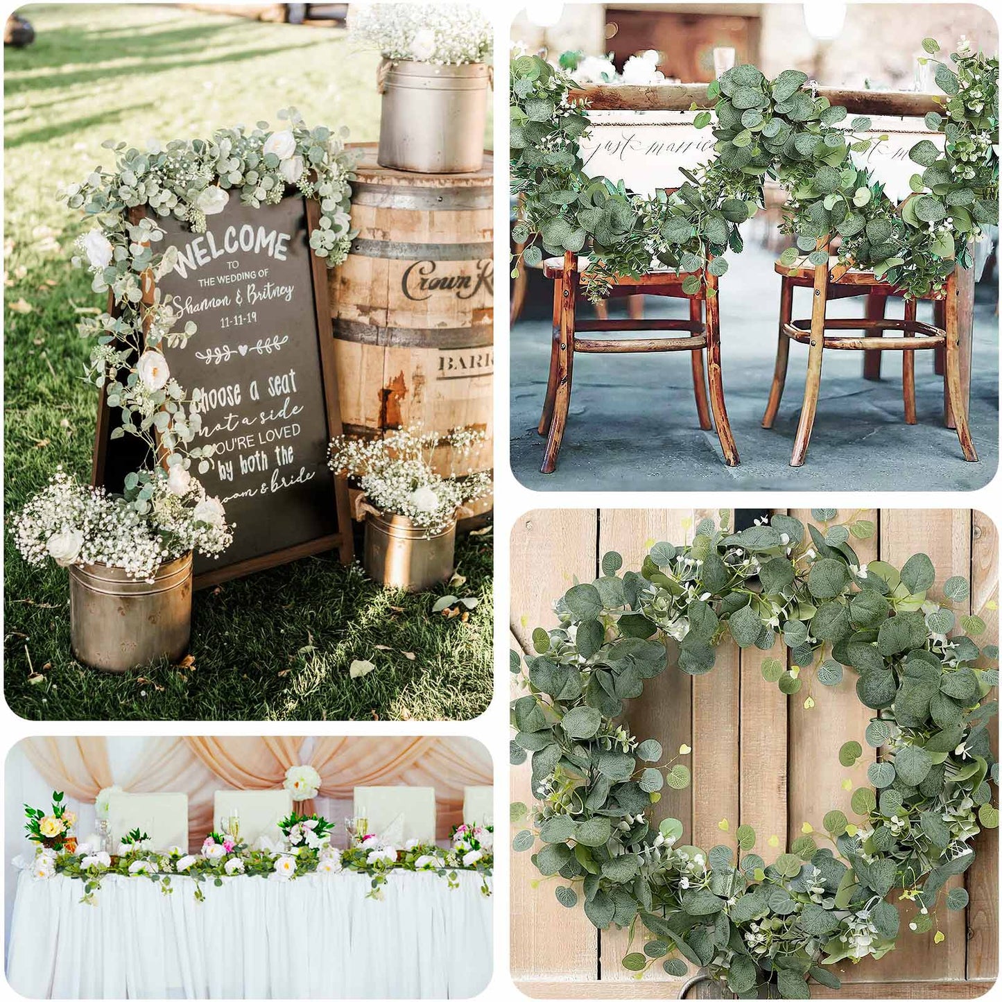 5.5ft Artificial Eucalyptus Leaf Hanging Vines With 7 White Rose Flower Heads, Floral Greenery Table Garland