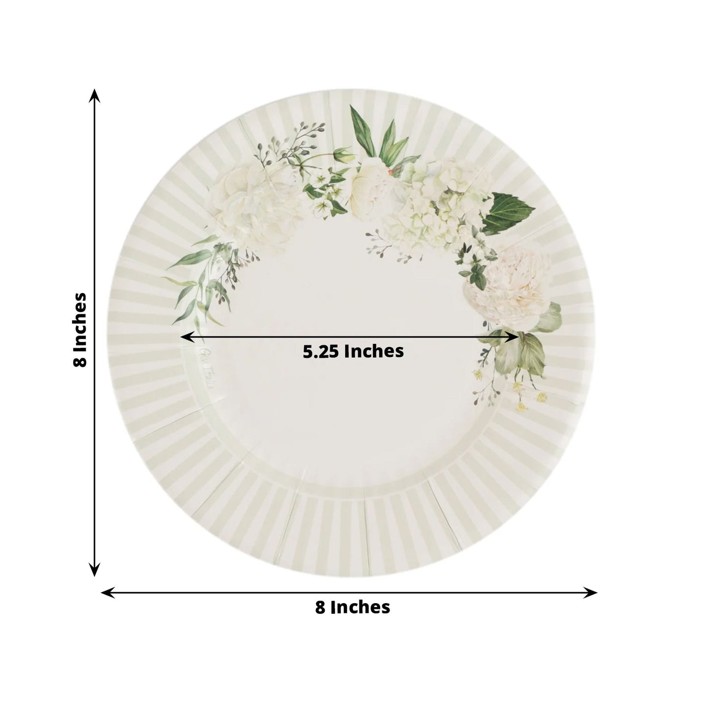 25-Pack Paper 8" Round Dessert Plates in White with Sage Green Floral Print & Lined Rim