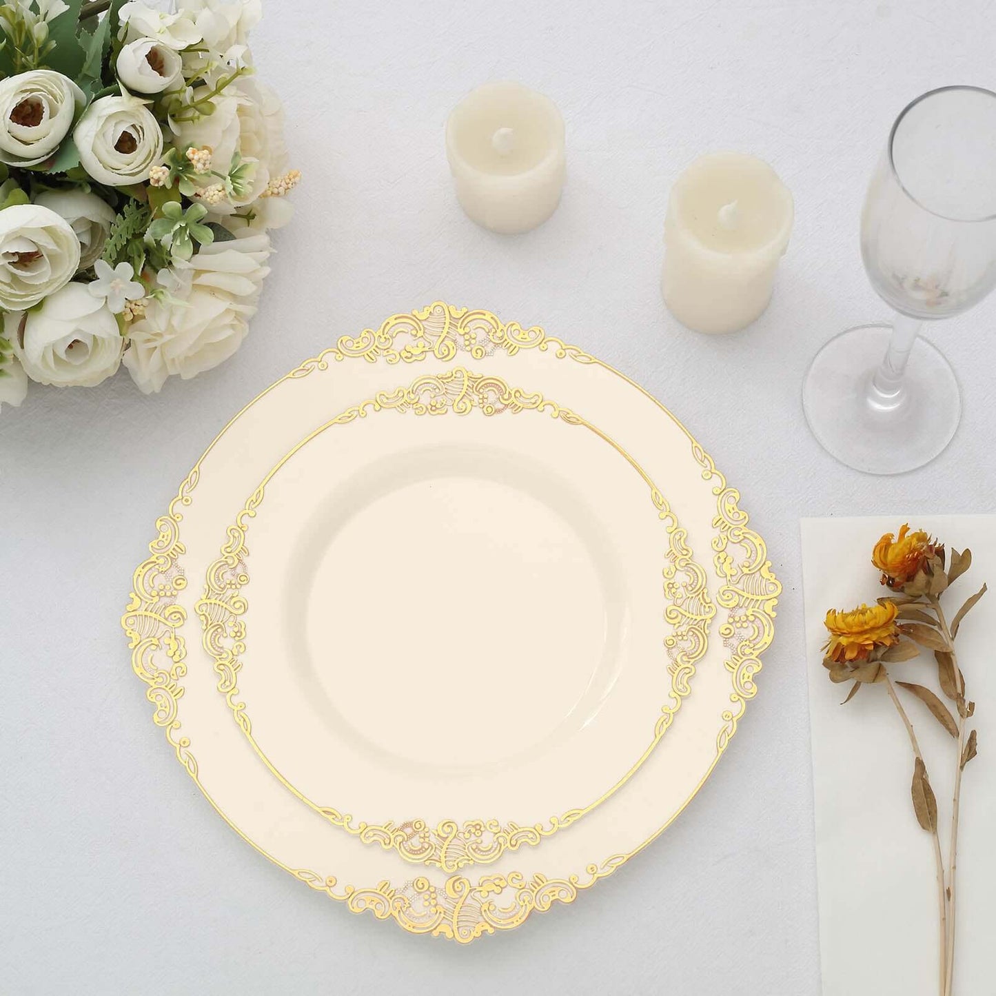10-Pack Plastic 8" Round Dessert Plates in Ivory with Gold Leaf Embossed Rim - Disposable Vintage Baroque Style Salad Plates