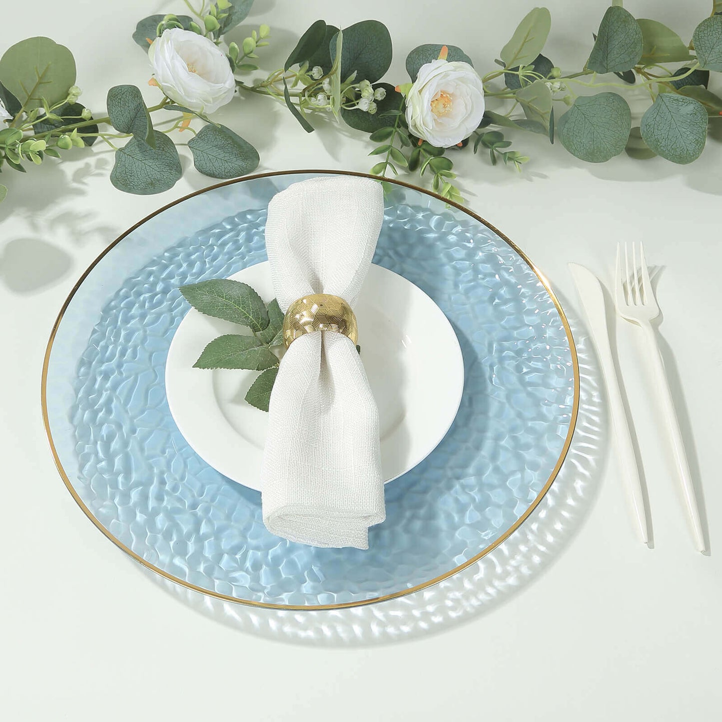 10 Pack Economy Plastic Round Charger Plates 13" in Transparent Dusty Blue Hammered Design with Gold Rim, Decorative Dinner Party Serving Plates