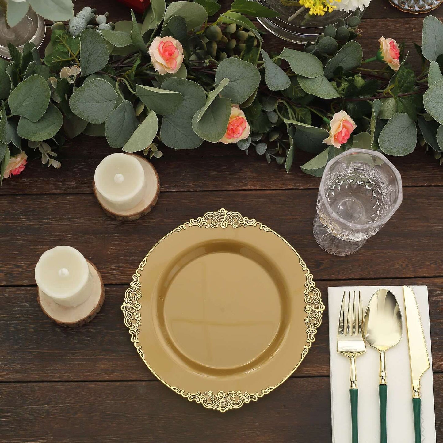 10-Pack Plastic 8" Round Dessert Plates in Gold with Leaf Embossed Rim - Disposable Vintage Baroque Style Salad Plates for Luxurious Gatherings & Events