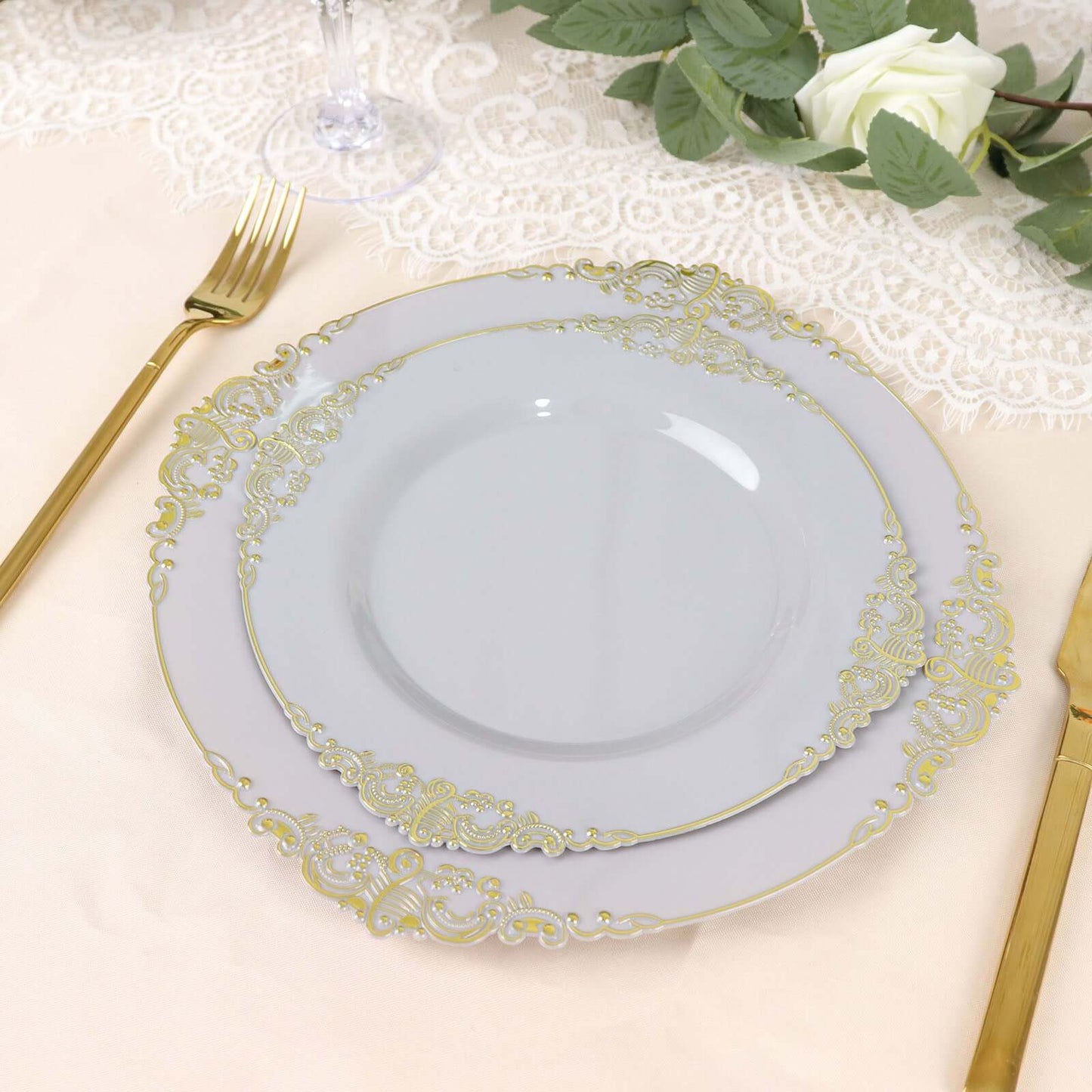 10-Pack Plastic 8" Round Dessert Plates in Gray with Gold Leaf Embossed Rim - Disposable Vintage Baroque Style Salad Plates