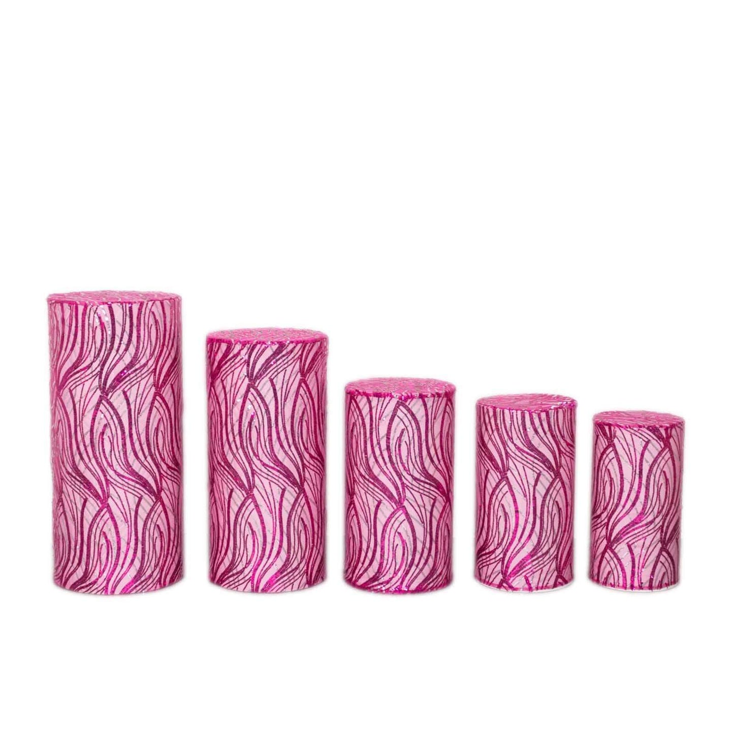 Set of 5 Fuchsia Wave Mesh Cylinder Pedestal Stand Covers with Embroidered Sequins, Pillar Prop Covers - 160 GSM