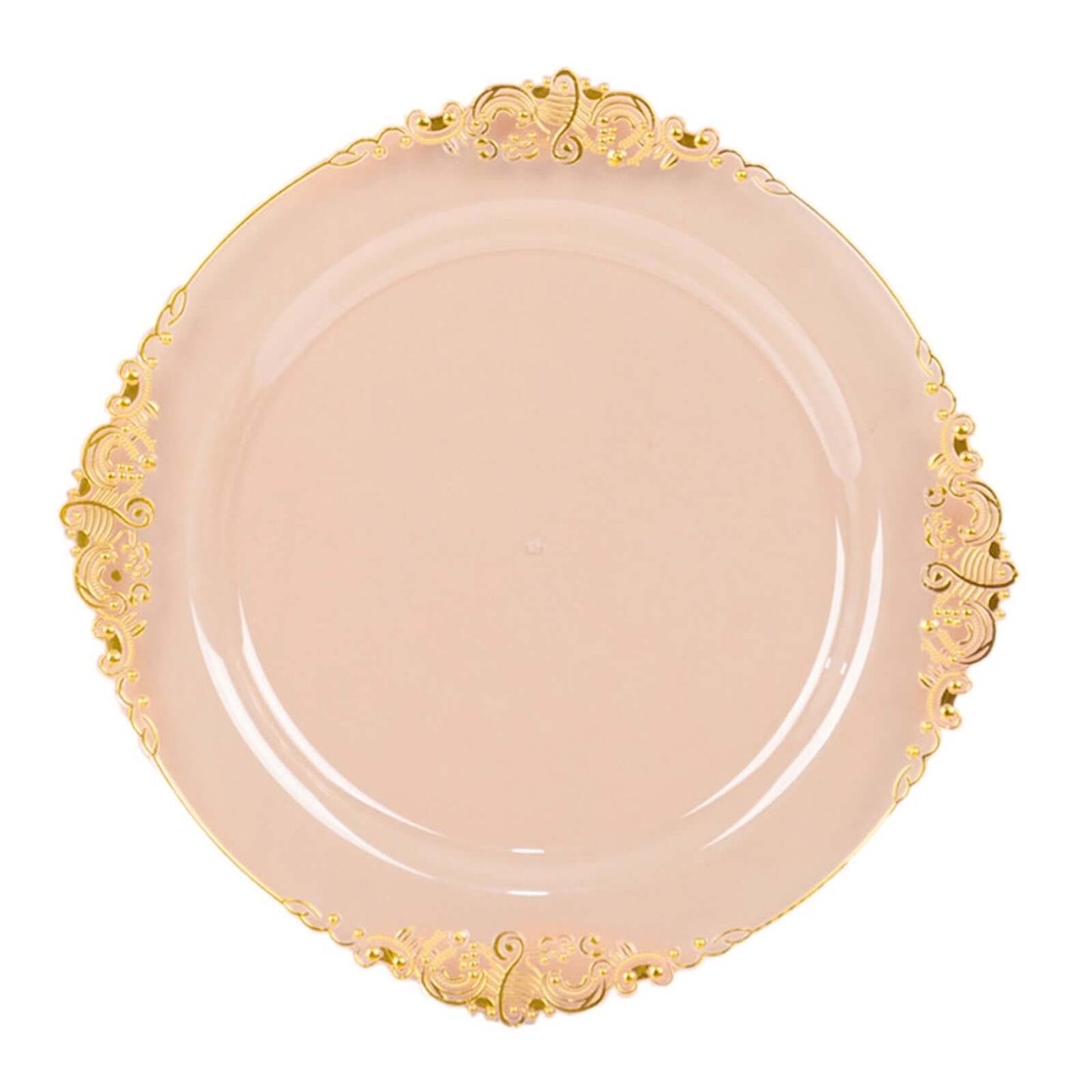 10-Pack Plastic 8" Round Dessert Plates in Transparent Blush with Gold Leaf Embossed Rim - Disposable Vintage Baroque Style Salad Plates