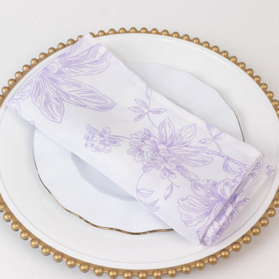 5 Pack Polyester 20"x20" Dinner Napkins White with Lavender Lilac French Toile Pattern - Reusable Floral Cloth Napkins