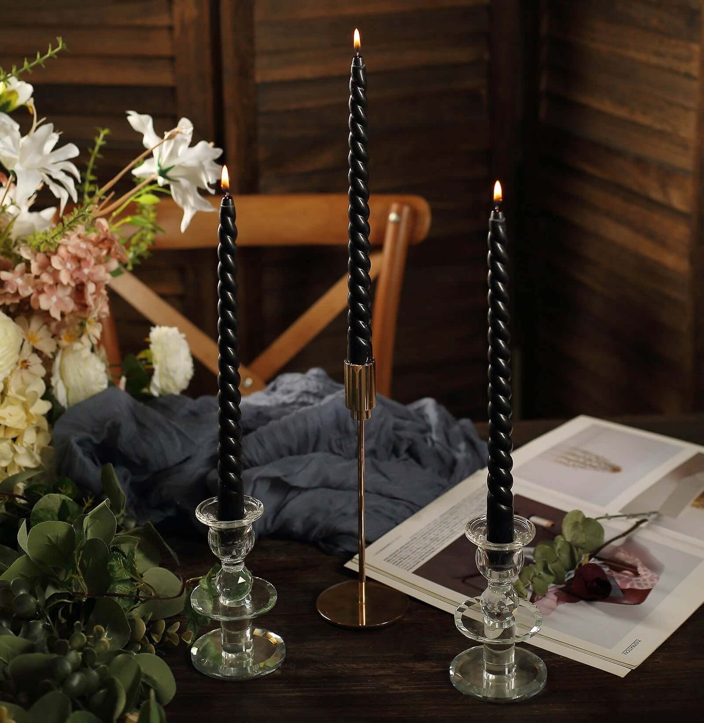 12-Pack Taper Candles Spiral Long Burn Wick Design Black - Premium Unscented Wax Dinner Candle Sticks 11"