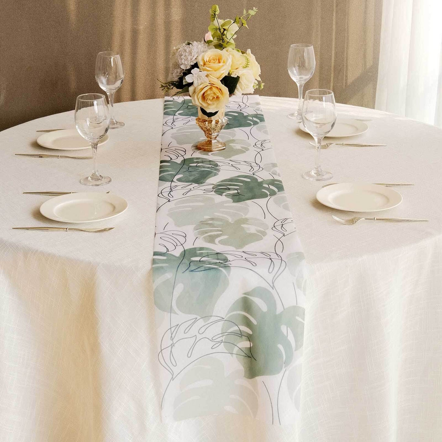 Disposable Table Runner 11"x108" White with Green Monstera Palm Leaves Print - Non-woven Stylish Spring Summer Dining Decor