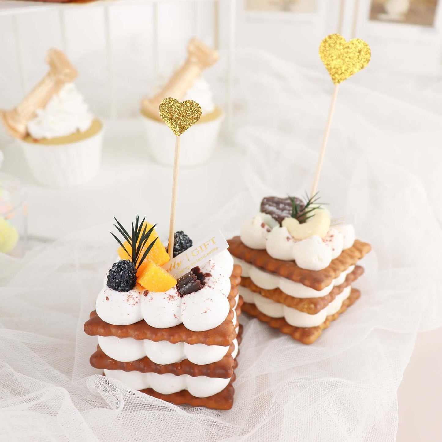 24-Pack Cupcake Topper Picks Heart Shaped Design Glitter Gold - Party Cake Toppers 4.5", 4"