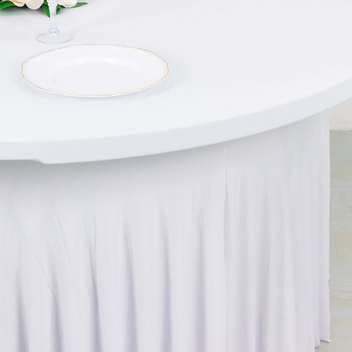 Spandex Round 6ft Table Skirt White with Wavy Skirt-Like Effect Stylish Table Cover for Weddings, Banquets & Trade Shows