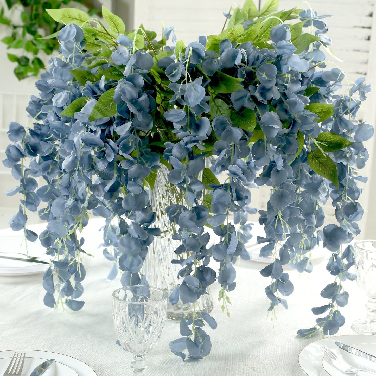5 Pack 44" Silk Hanging Wisteria Flower Garland Vines in Dusty Blue, Elaborated 3 Full Strands in 1 Bush