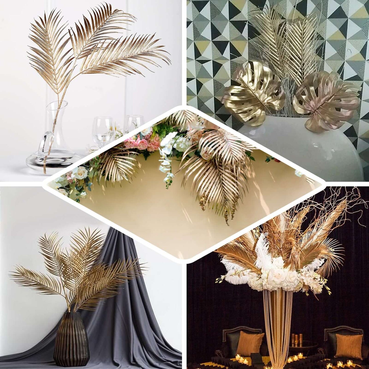 2 Stems Artificial Palm Leaf Branch Metallic Gold - Tropical Faux Stems Vase Filler Floral Backdrop Table Decor 32"