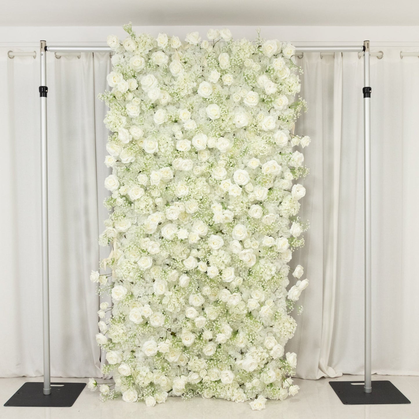 8ftx4ft Roll Up Artificial Flower Wall Panel Backdrop with White Silk Roses & Baby's Breath