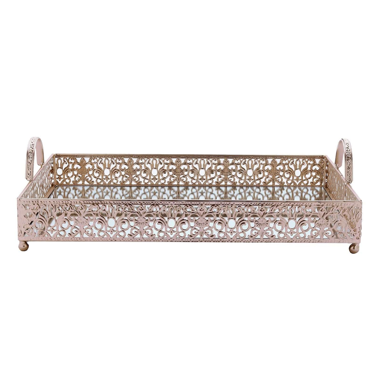 Metal Mirrored Rectangle Serving Tray 16"x12" in Rose Gold Fleur De Lis Design with Handles, French Inspired Decorative Vanity Tray Centerpiece