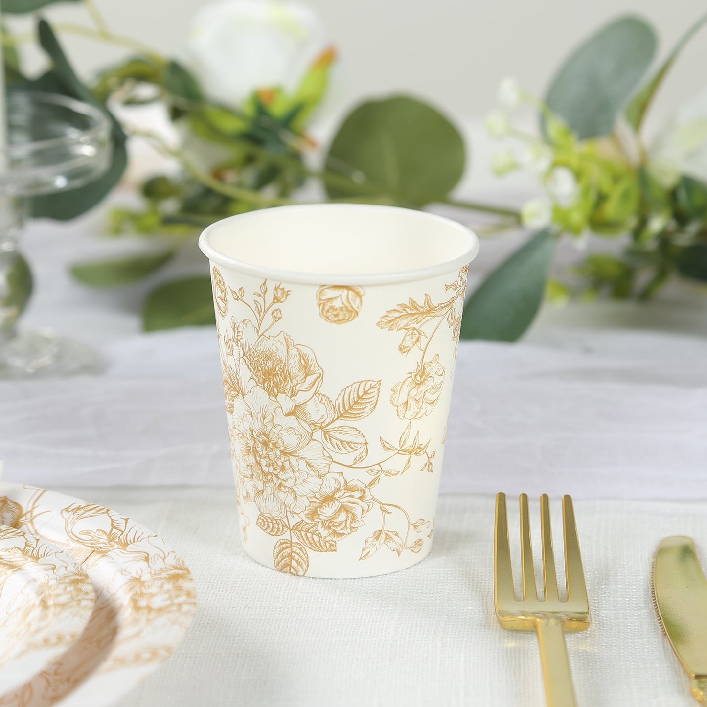 24-Pack Paper Cups in White with Gold French Toile Print - Stylish Disposable Floral Party Cups for Weddings & All Purpose Use 9oz