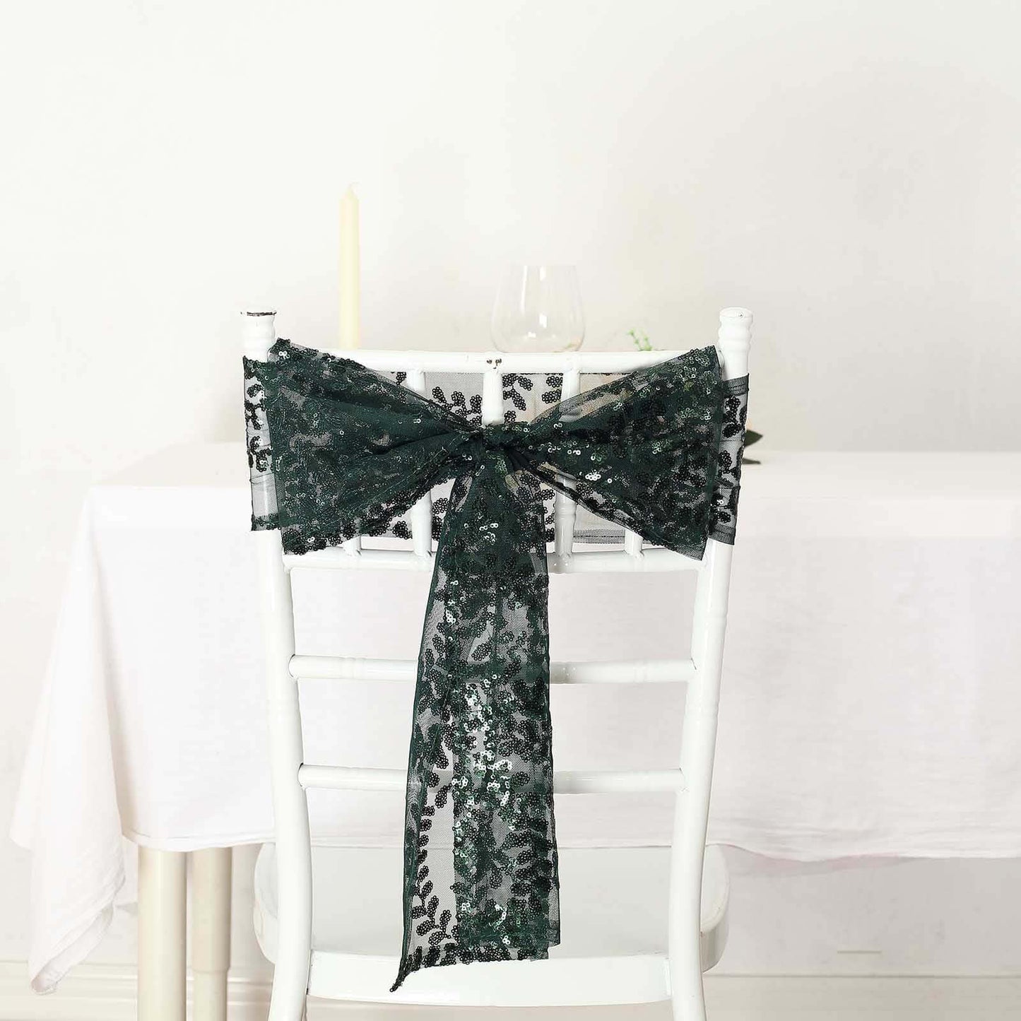 5 Pack Tulle Chair Sashes with Leaf Vine Embroidered Sequins Hunter Emerald Green 6"x88"