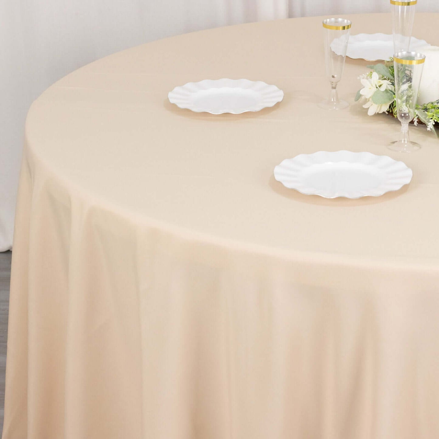 Premium Polyester 132" Round Tablecloth Beige - Seamless 220GSM Wrinkle-Resistant Table Cover