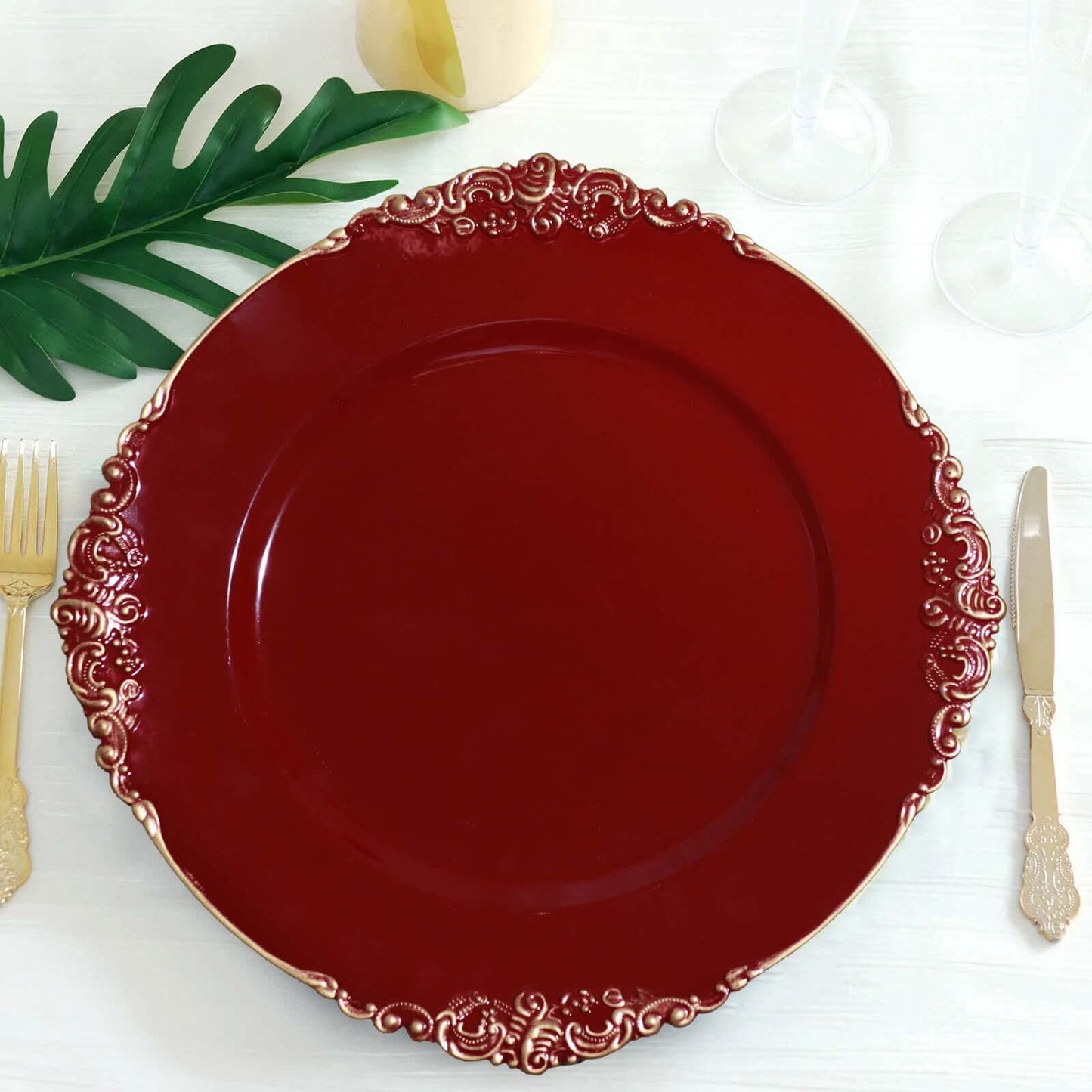 6-Pack Acrylic Round Charger Plates 13" in Burgundy with Gold Embossed Baroque Rim, Antique Decorative Dinner Party Charger Tableware
