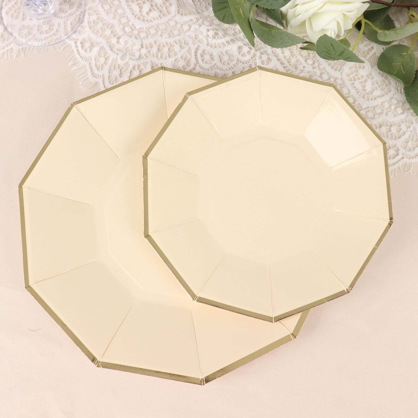 25-Pack Paper 7" Decagon Appetizer Plates in Beige with Gold Foil Rim