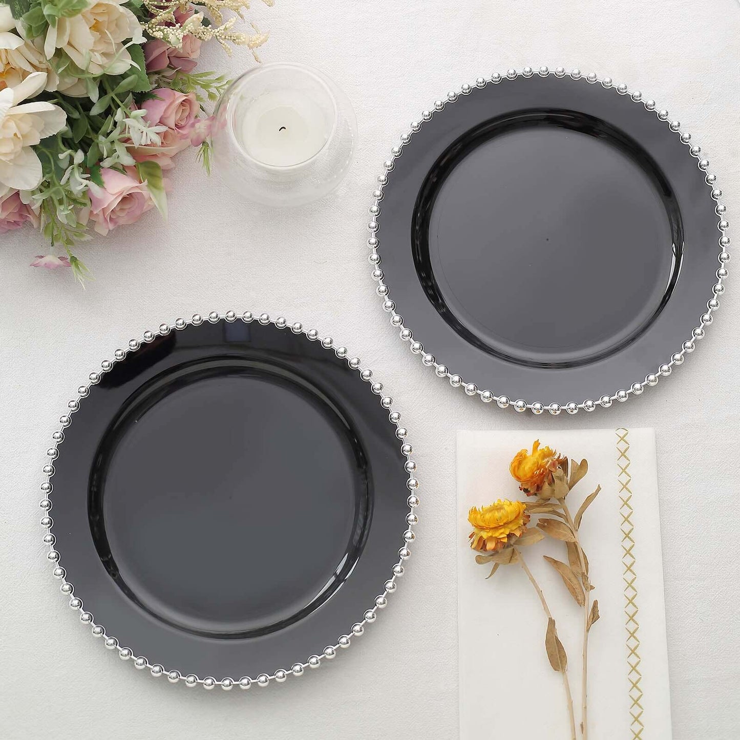 10-Pack Black Plastic Dessert Plates â€“ 8" Round with Silver Beaded Rim, Disposable for Parties & Events