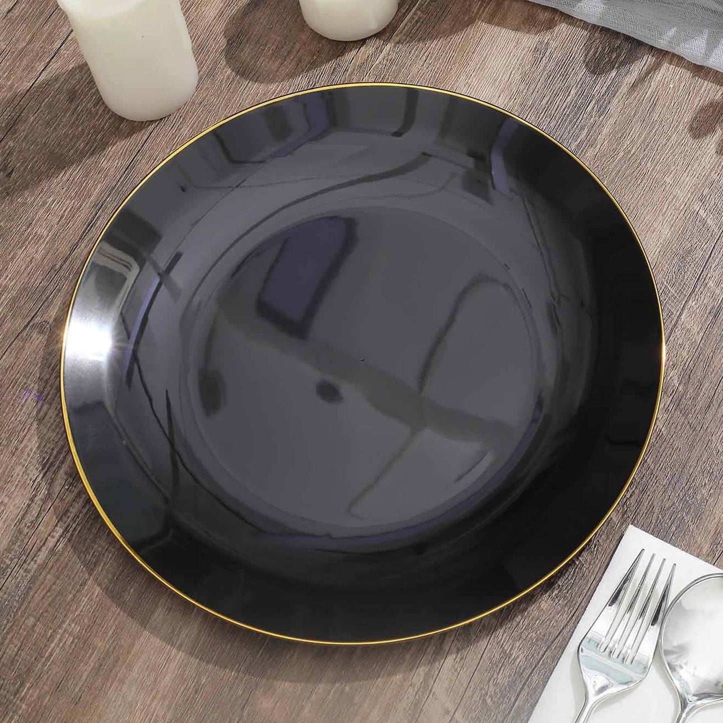 10-Pack Plastic 10" Round Dinner Plates in Black with Gold Rim - Glossy Disposable Party Plates