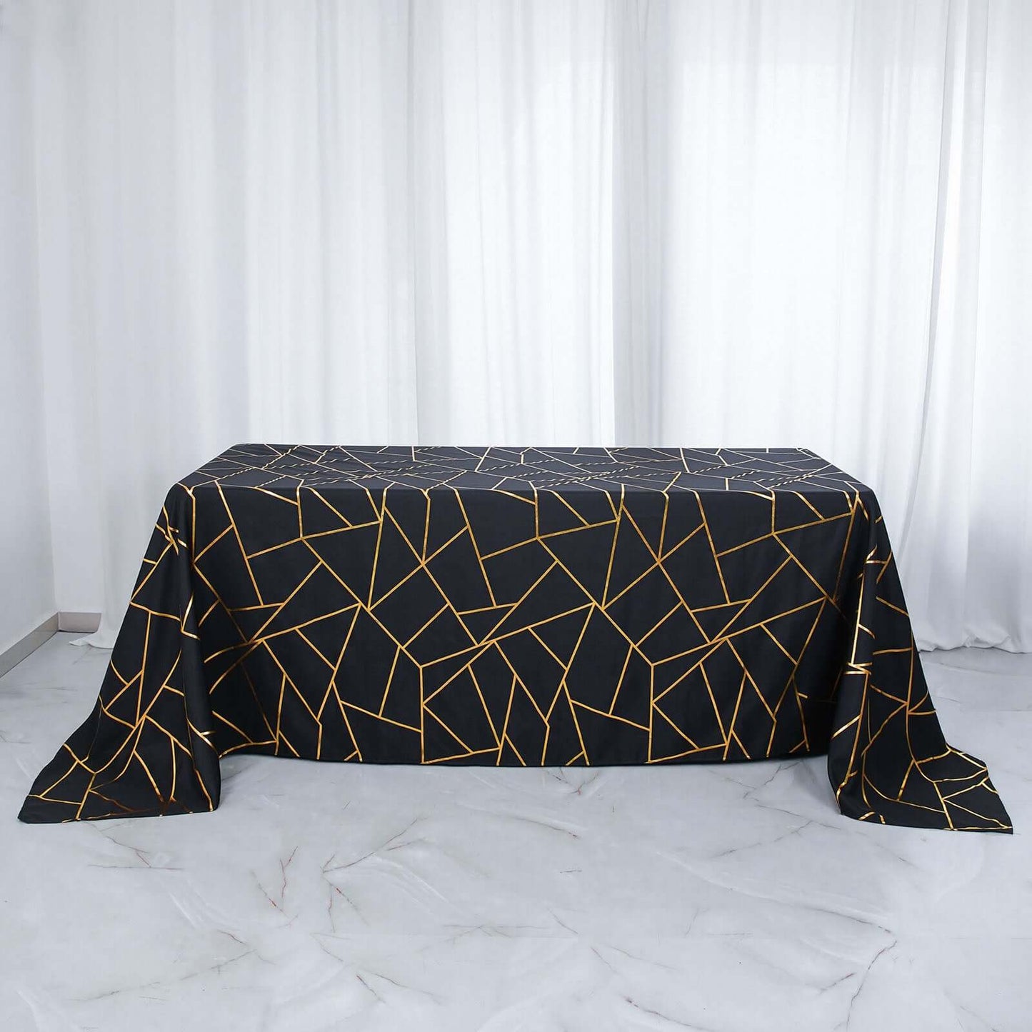 Polyester 90"x132" Rectangle Tablecloth Black Seamless with Gold Foil Geometric Pattern - Wrinkle-Resistant Seamless Table Cover
