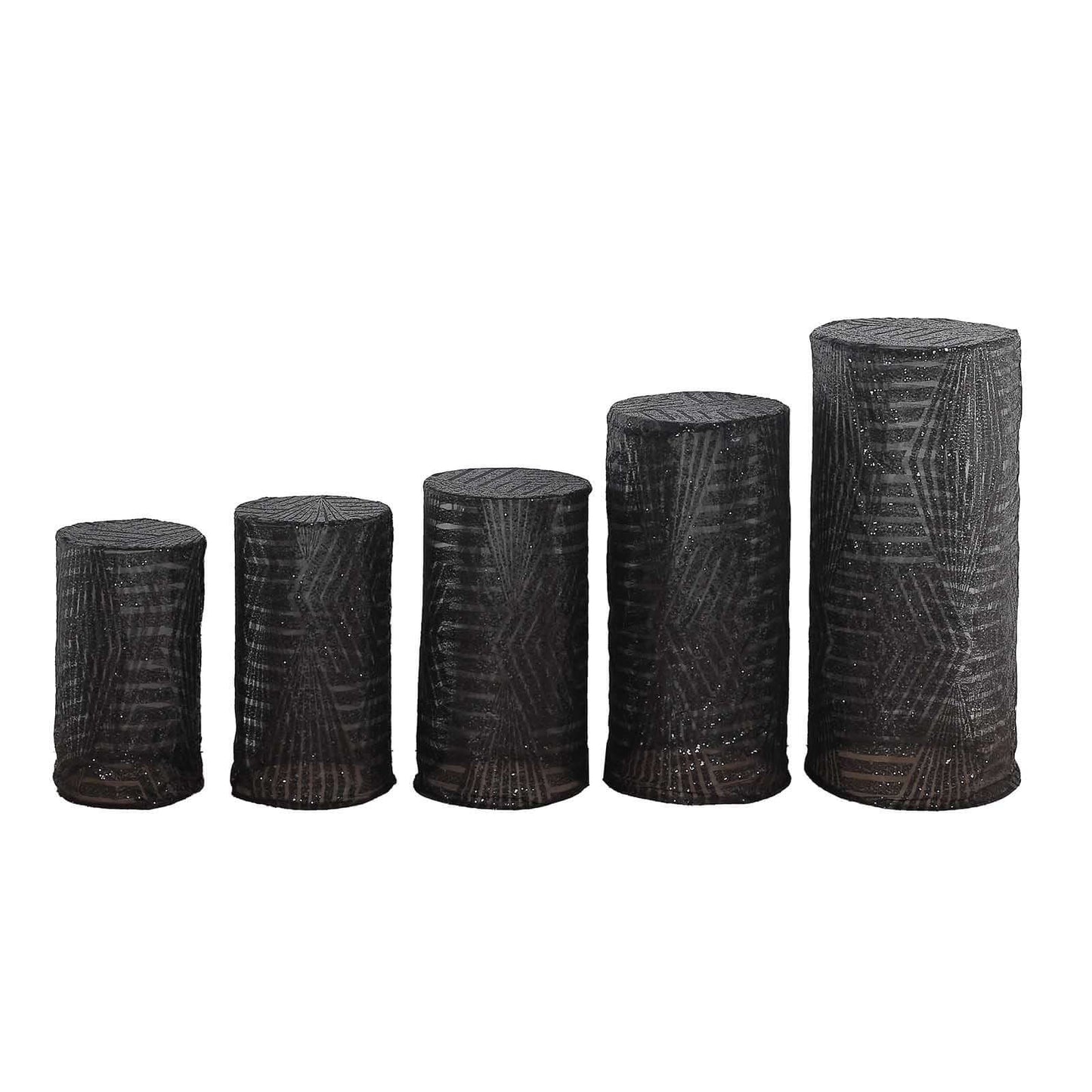 Set of 5 Black Sequin Mesh Cylinder Pedestal Stand Covers with Geometric Pattern Embroidery, Sparkly Sheer Tulle Pillar Prop Covers