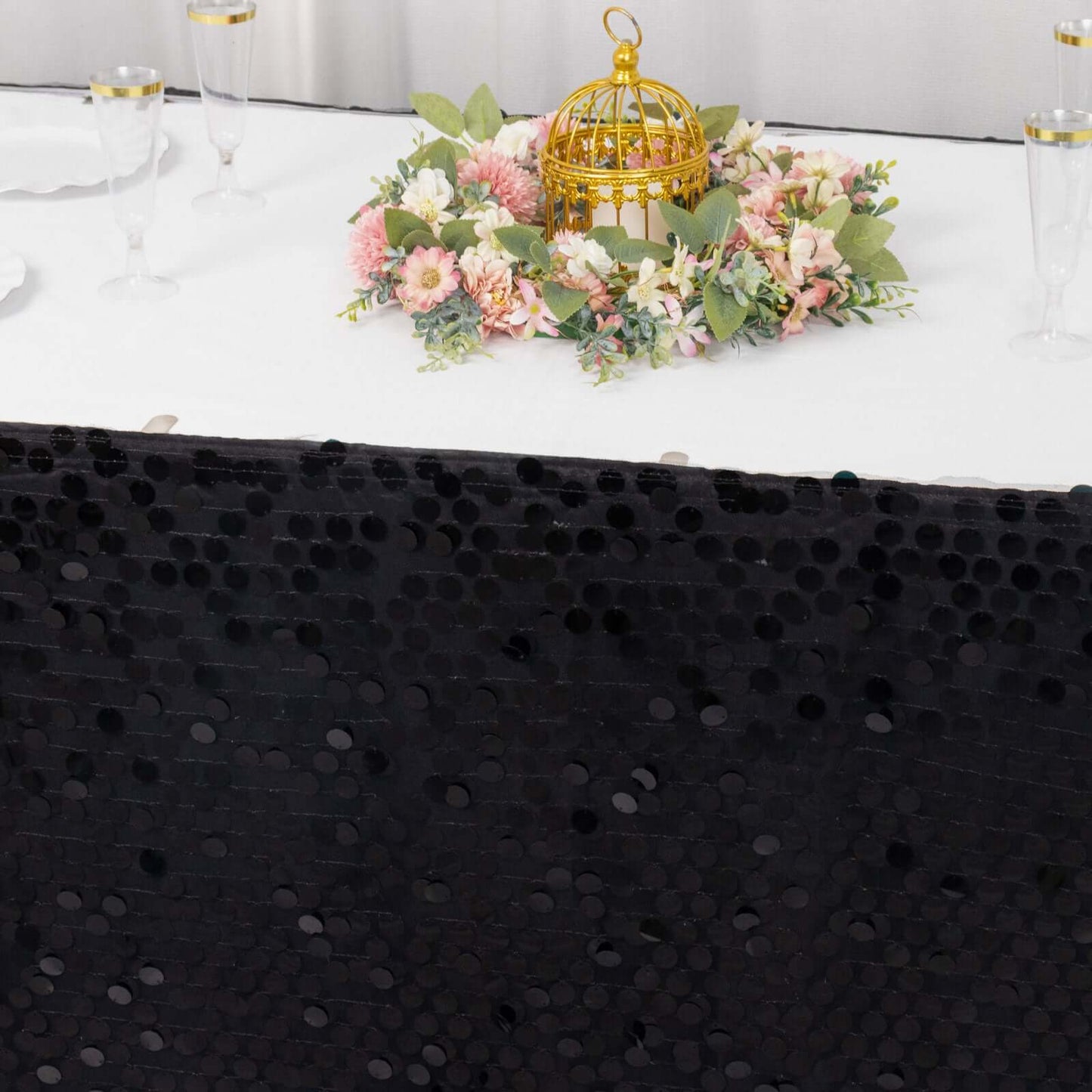 Payette Sequin 21ft Table Skirt Black - Dual Layered Satin Table Cover