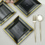 10-Pack Plastic Salad Dessert Plates Black Square with Gold Trim - Durable Disposable Appetizer Plates 7"