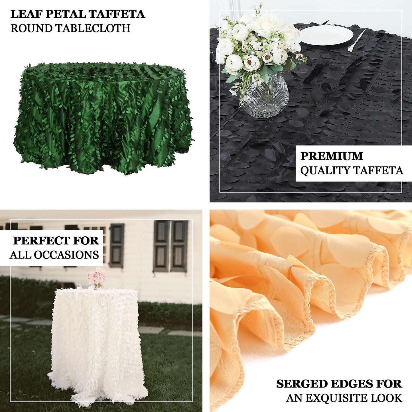 Taffeta 120" Round Tablecloth Black | 3D Leaf Petal Design Seamless Table Cover