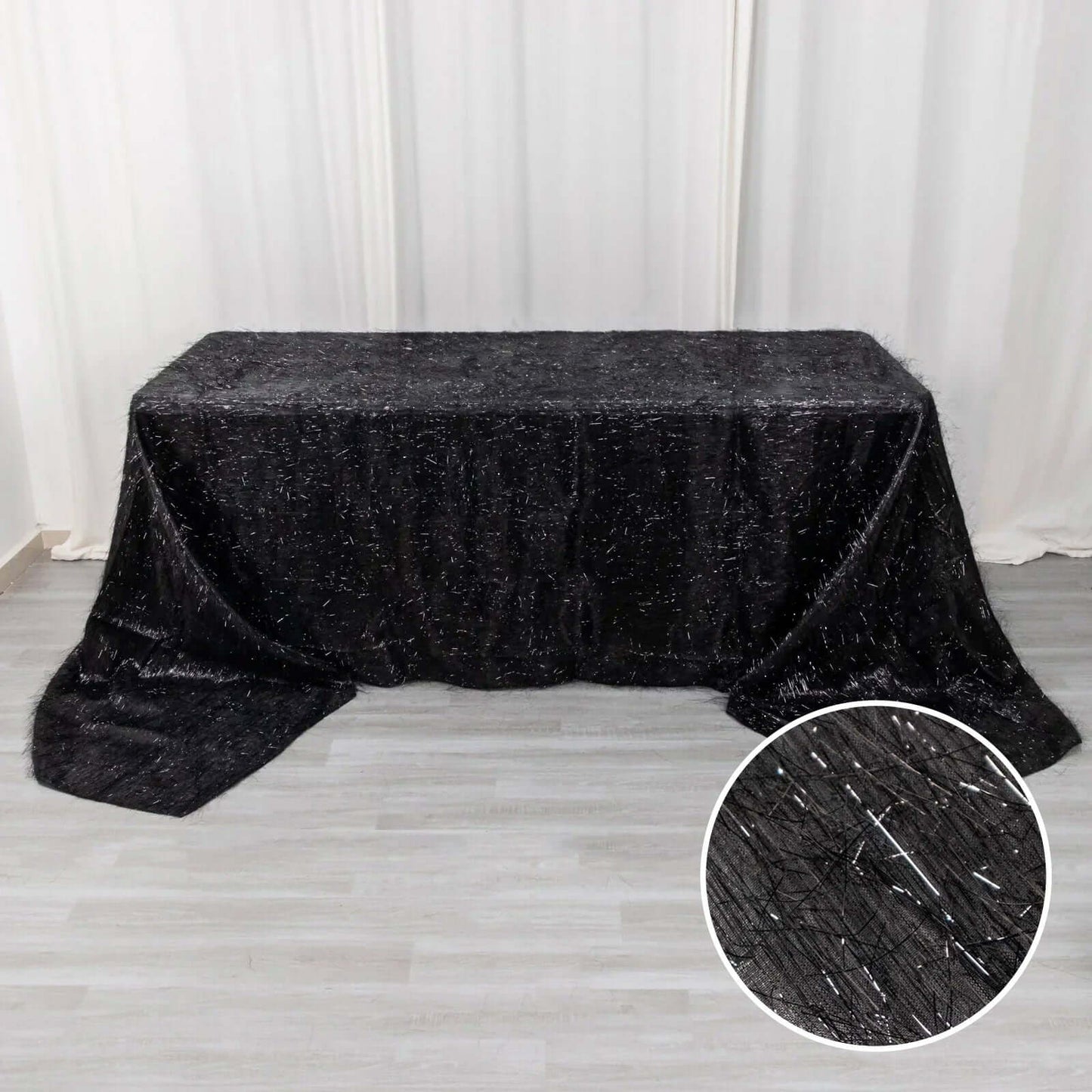 Polyester 90"x156" Rectangle Tablecloth Black Metallic Fringe Shag Tinsel Table Cover