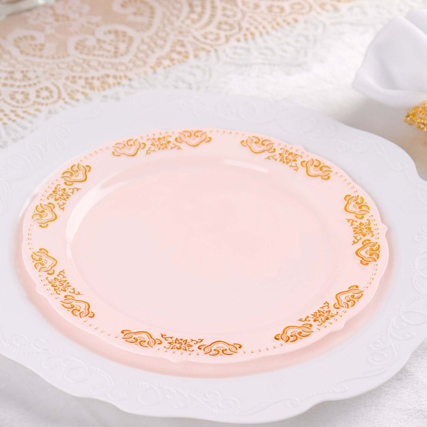 10-Pack Plastic 7.5" Round Appetizer Plates in Blush with Gold Embossed Scalloped Edge - Chic Disposable Salad Plates for Special Occasions & Banquets