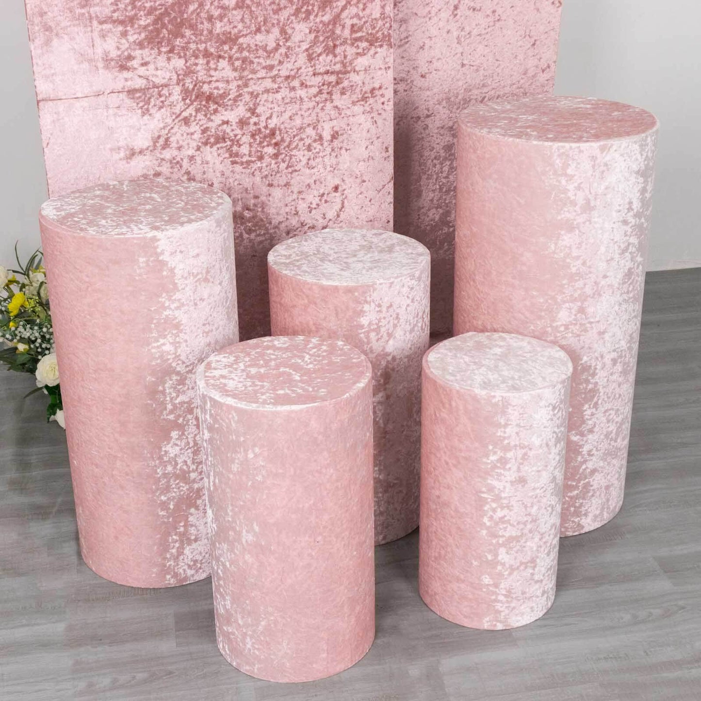 Set of 5 Blush Crushed Velvet Cylinder Pedestal Stand Covers, Premium Pillar Prop Covers