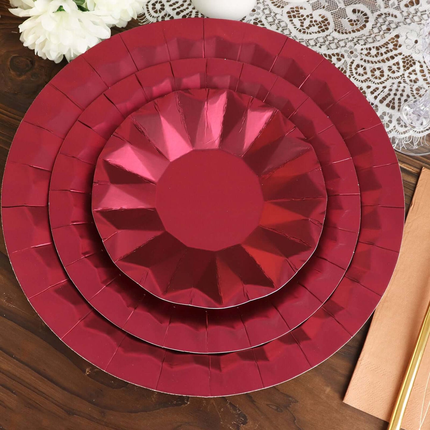 25-Pack Paper 12" Round Charger Plates in Burgundy with Geometric Prism Design - Disposable 400GSM Serving Trays