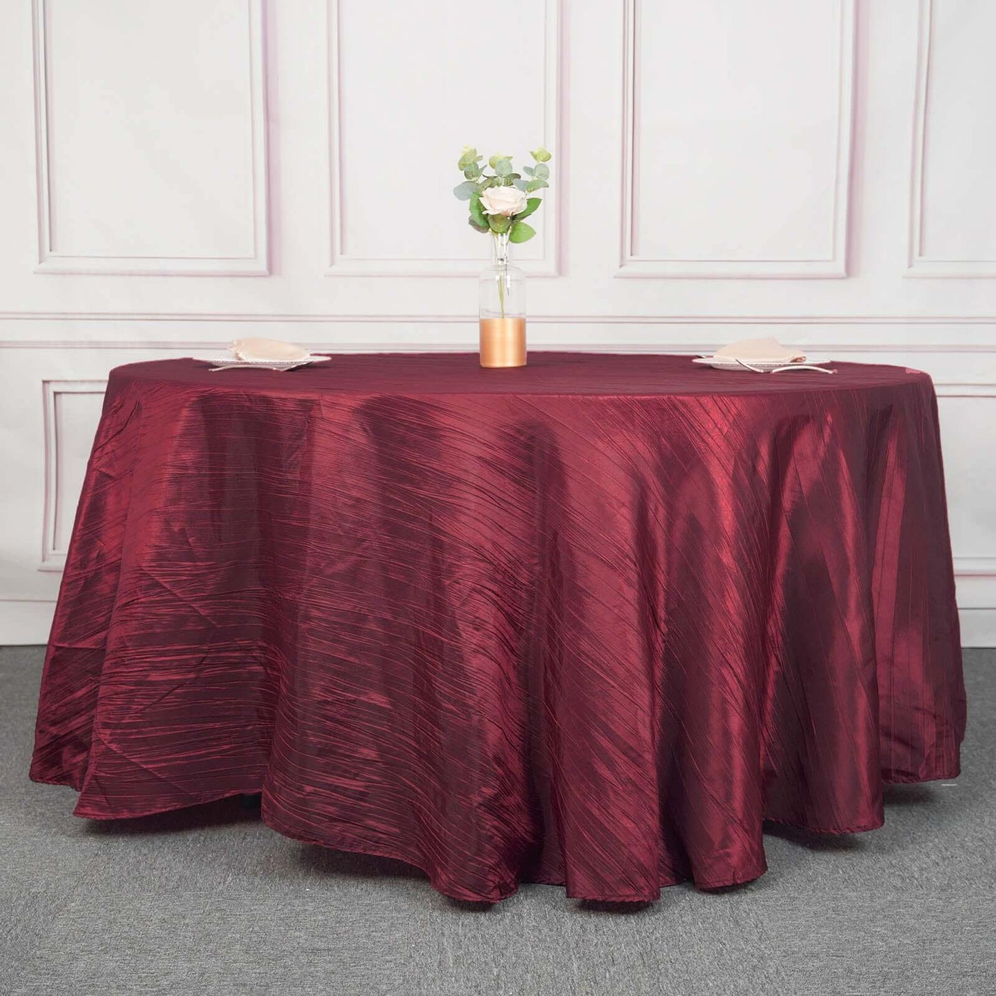 Taffeta 120" Round Tablecloth Burgundy - Seamless Accordion Crinkle Table Cover