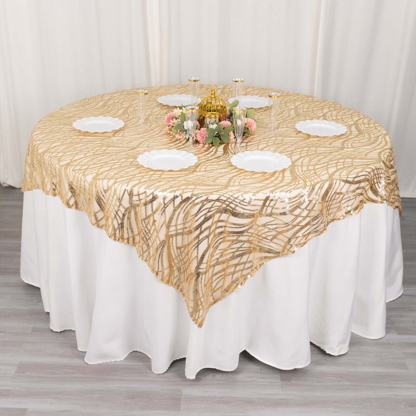 Mesh 72"x72" Table Overlay Square Tablecloth Champagne - Wave Embroidered Sequins Table Topper