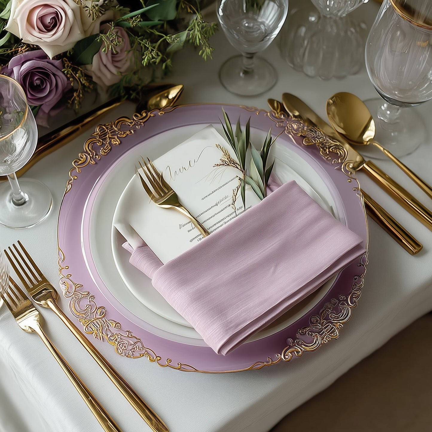 20-Pack Economy Plastic Round Charger Plates 13" in Lavender Lilac with Gold Embossed Baroque Rim, Stylish Dinner Party Serving Plates