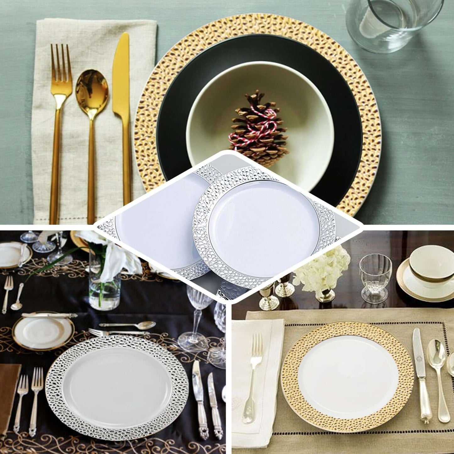 10-Pack Plastic 10" Round Dinner Plates in Clear Hammered Design with Gold Rim - Disposable Party Plates for Chic Banquets & Special Occasions