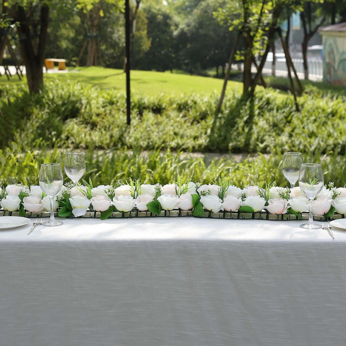 6 Pack Cream Ivory Silk Rose Flower Panel Table Runner, Artificial Floral Arrangements Wedding Table Centerpiece - 20"x8"