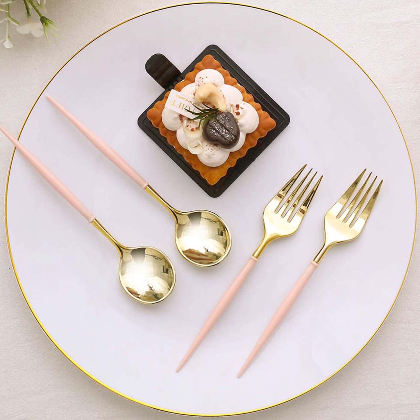 24-Pack Plastic Fork and Spoon Set Gold/Rose Gold - Heavy Duty Disposable Modern Utensils 6"
