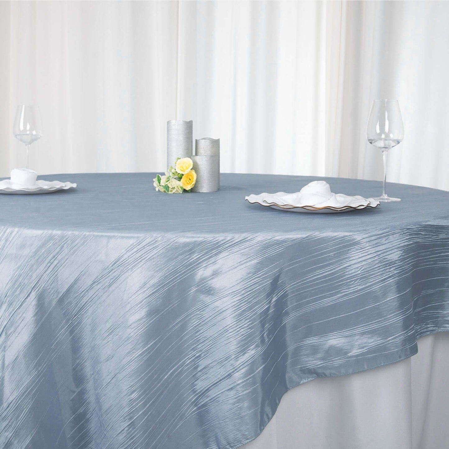 Taffeta 90"x90" Table Overlay Square Tablecloth Dusty Blue - Accordion Crinkle Table Cover
