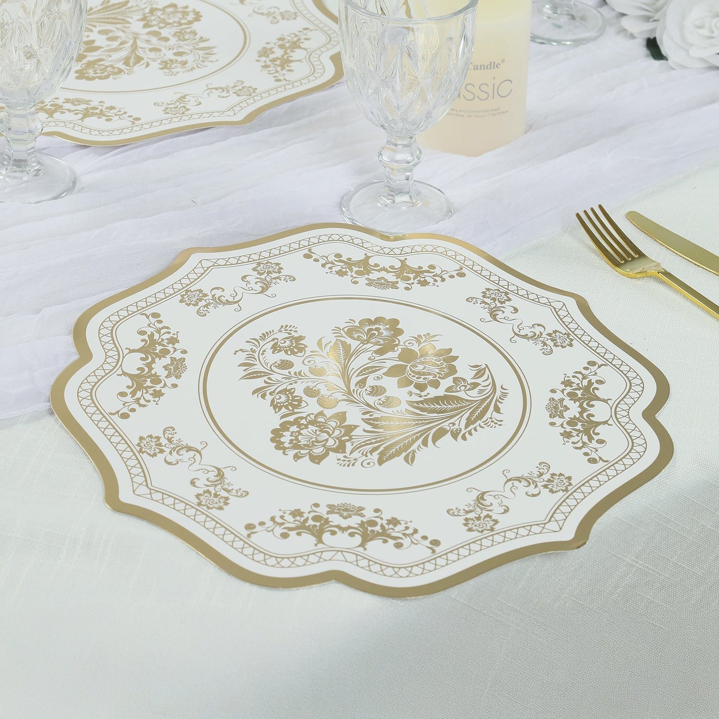 10 Pack Cardboard Paper Table Mats with White Gold Damask Floral Pattern, 13" Round Disposable Placemats with Scalloped Rim - 400 GSM